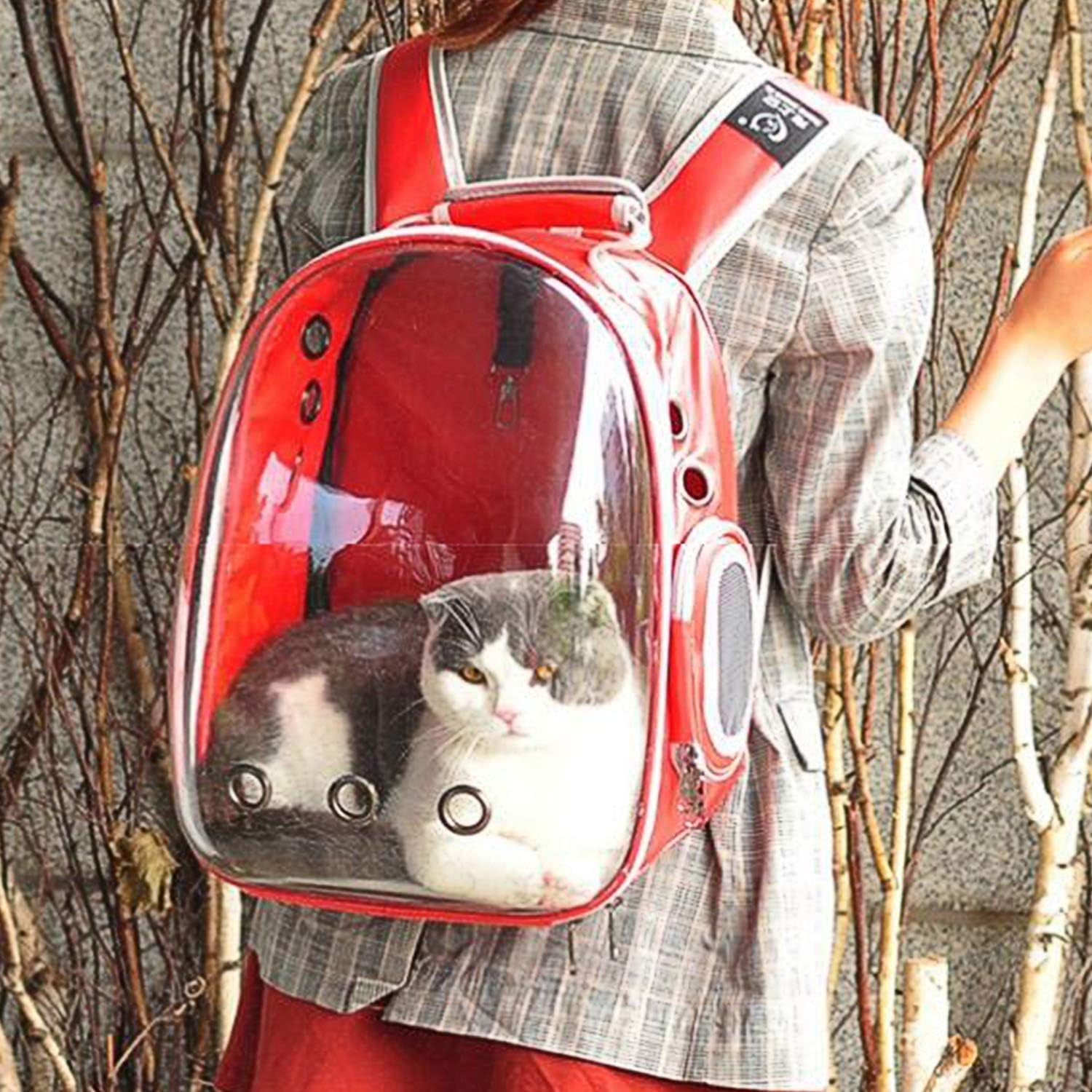 Cat Backpack Carrier, Cats and Small Dogs, Space Capsule Bubble Backpack, Pet Carrier, Airline Approved, Ventilate Transparent Travel Carrier for Hiking, Travel, Ourdoor - Red